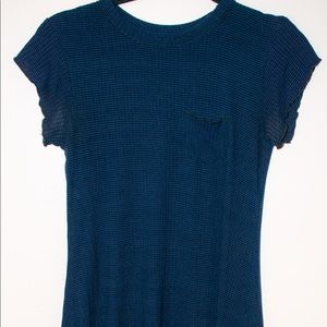 blue and black striped lettuce sleeved dress